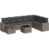 vidaXL 9-delige tuinmeubelset met kussens, grijs, polyrotan