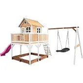 Axi Liam Speelhuis op palen, zandbak, nestschommel & paarse Glijbaan | Speelhuisje voor de tuin / buiten in bruin & wit van hout | Speeltoestel voor kinderen