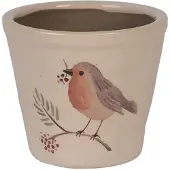 Clayre & Eef Keramiek Bloempot voor Binnen – Beige Vogel – Rustieke Pot – Ø 12 cm – Vogelmotief