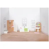 Goki Poppenhuismeubeltjes: DESIGN BADKAMER, 10-delig, 11,2x6,2x6cm (bad), beukenhout en stof, 3+