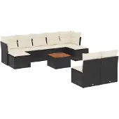 vidaXL 10-delige Loungeset met kussens poly rattan zwart