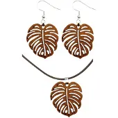 Charme Bijoux Set- Zilveren oorbellen- ketting- hout- Bruin- Boomblad-
