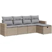 vidaXL 5-delige Loungeset met kussens poly rattan beige