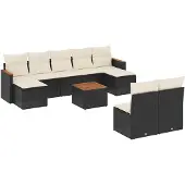 vidaXL 10-delige Loungeset met kussens poly rattan zwart