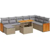 vidaXL 9-delige Loungeset met kussens poly rattan acacia beige