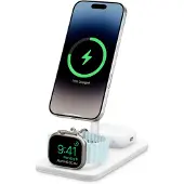 TwelveSouth HiRise 3 Deluxe 3-in-1 Qi2 Draadloze Oplader – Qi2 15W iPhone opladen – 5W Apple Watch/AirPods opladen – Incl. kabel + 36W USB-C lader – Incl. US, UK, EU, AU-adapters – Zwart - Wit