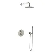 Hotbath Cobber IBS20A inbouw regendoucheset met staafhanddouche aan houder en 20cm ronde hoofddouche aan 40cm wandarm geborsteld nikkel