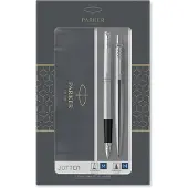 Parker Jotter duo geschenkset met balpen en vulpen | roestvrij staal met chromen afwerking | inktnavulling en inktpatronen met blauwe inkt | geschenkverpakking