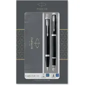 Parker IM duo geschenkset met balpen en vulpen | glanzend zwart met chromen afwerking | inktnavulling en inktpatroon met blauwe inkt | cadeauverpakking