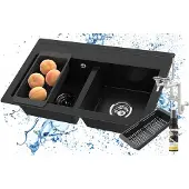 Granitan Spoelbakken Keuken Granieten Duet - Dubbele Spoelbak - met Sifon - 75,6x44,7x18cm - Zwart