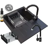 Granitan Spoelbakken Keuken Granieten Milano - Enkele Spoelbak - met Sifon en Kraan - 57x46x16cm - Zwart