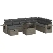 vidaXL 9-delige tuinmeubelset met kussens, grijs, polyrotan