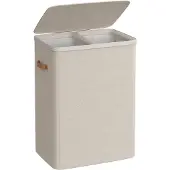 Songmics Wasmand 170 Liter met Deksel - 2 Vakken Wassorteerder - Grote Wasbox van Stof - 56x40x75 cm - Opvouwbare Waszak - Beige / Crème