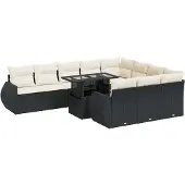 vidaXL 11-delige tuinmeubelset met kussens, zwart, polyrotan
