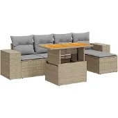 vidaXL 6-delige Loungeset met kussens poly rattan beige