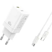 XO Wandlader, mobiele oplader, 65W GaN snellader, wit, USB-C naar USB-C