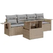 vidaXL 5-delige Loungeset met kussens poly rattan beige