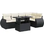 vidaXL 6-delige Loungeset met kussens poly rattan zwart