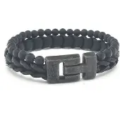 Josh Heren Leren Armband met Natuursteen Mat Zwart | 24981-BRA
