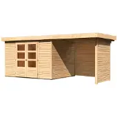 Karibu Woodfeeling tuinhuis Askola 5, geleverd als set met aanbouwdak. Breedte: 2,40 meter. Zij- en achterwand: onbehandeld hout, 19 mm dik. Artikelnummer: 77735