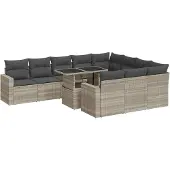 vidaXL 11-delige Loungeset met kussens poly rattan lichtgrijs