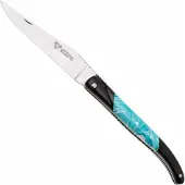 Laguiole En Aubrac Ebony, Larimar Inlay, Handcarved Plates, zakmes, 12 cm