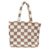 Selencia Zaya Tote Bag - Teddy Laptoptas 16 inch - Checkered Beige