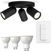 Philips Hue Pongee Opbouwspot 3-pack In Zwart + Dimmer Switch + Gu10 White Ambiance-lampen