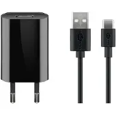 Goobay USB lader | plat | 1x USB-A | incl. USB-C kabel | 5W | zwart | 1 meter