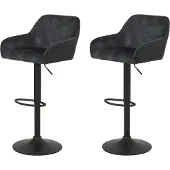 Hela Tische, set van 2 barkrukken/bistrostoelen "Dollie" - bekleding: fluweel/corduroy, antracietkleurig - met armleuningen - in hoogte verstelbaar, draaibaar - onderstel: trompetvormig, zwart