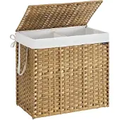 Songmics LCB216Y01 Wasmand 2 compartimenten wasmand 160 L Synthetische rotan wasmand met deksel en handvatten gevlochten opvouwbare verwijderbare waszak natuurlijke kleur
