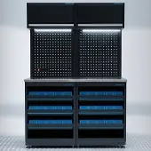 Datona Werkplaatsinrichting PREMIUM RVS - open ladekast met opbergbakken - 136 cm - Zwart