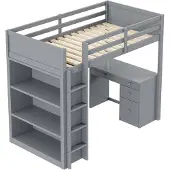 Merax Hoogslaper 90x200 cm met Bureau en Opbergruimte – Houten Bed – Grijs – Multifunctioneel Kinderbed