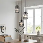 LumenXL Design hanglamp Isara met geribbeld rookglas, 3-lichts