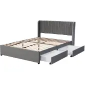 Merax Gestoffeerd Tweepersoonsbed 140x200 cm – Grijs Fluweel Gestoffeerd Bed met Houten Lattenbodem en 2 Opberglades