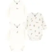 Petit Bateau Set van katoenen babybody's met lange mouwen en print Unisex Rompertje - Wit/Bruin + Wit/Bruin + Wit/Bruin