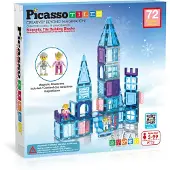 PicassoTiles PicasssoTiles 72 Piece Magnetic Building Tiles Castle Winter Ice Theme Construction Magnet Block Set with Princess Prince Character Stairs Windows Doo