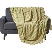 Homescapes Gestreept Chenille Plaid 100% Katoen Groen 150 x 200 cm
