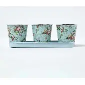 Homescapes bloempottenset blauw met rozenprint - 3 plantenpotten 0,5l met bakje