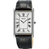 Seiko quartz zwart heren horloge met witte wijzerplaat & leren band