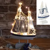 Cepewa Houten vissersboot wit en blauw met LED lichtjes ca32cm H