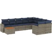 vidaXL 10-delige loungeset voor de tuin met kussens, grijs, polyrotan
