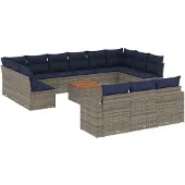 vidaXL 14-delige Loungeset met kussens poly rattan grijs