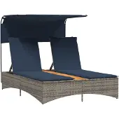 vidaXL Ligbed 2-persoons met luifel en kussens poly rattan grijs