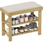 HOMCOM -Schuhbank-Bambus, Polyester-60L x 29B x 49H cm-Cremeweiß+Naturholz