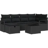 vidaXL Bankstel met kussen met opslag Zwart poly rattan