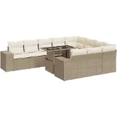 vidaXL 11-delige Tuinset met kussens poly rattan beige