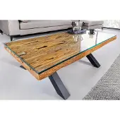 Invicta Massieve salontafel BARRACUDA 110cm antiek naturel teakhout X-frame glazen blad - 6045679