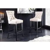 Invicta Design barkruk CASTLE beige zwart structuurstof met rugleuning hout Chesterfield - 43217