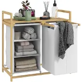 HOMCOM -Wäschekorb-Bambus, Vliesstoff-70L x 36B x 70H cm-Weiß
